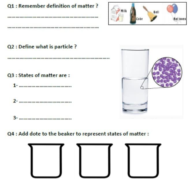 ورقة عمل particles in matter العلوم المتكاملة الصف السادس