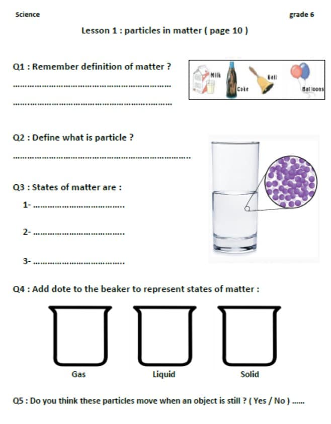 ورقة عمل particles in matter العلوم المتكاملة الصف السادس