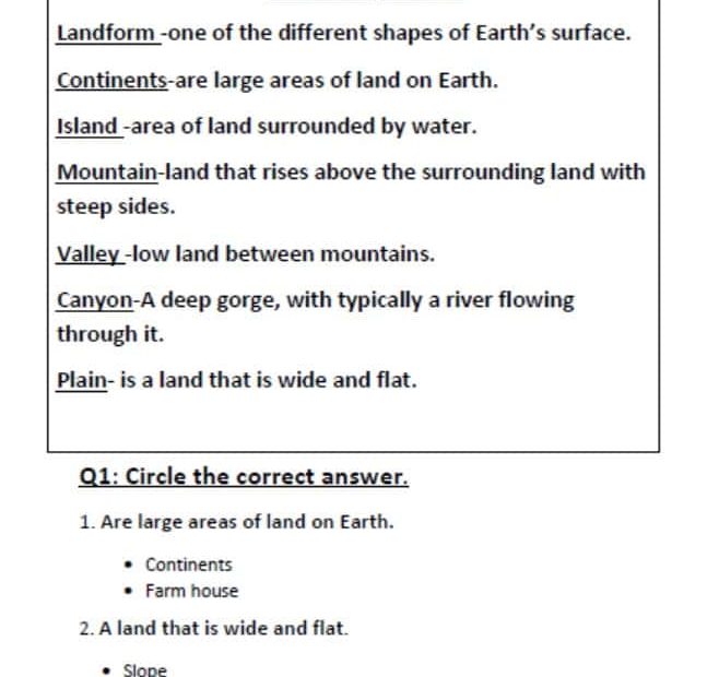 ورقة عمل land on earth العلوم المتكاملة الصف الثاني