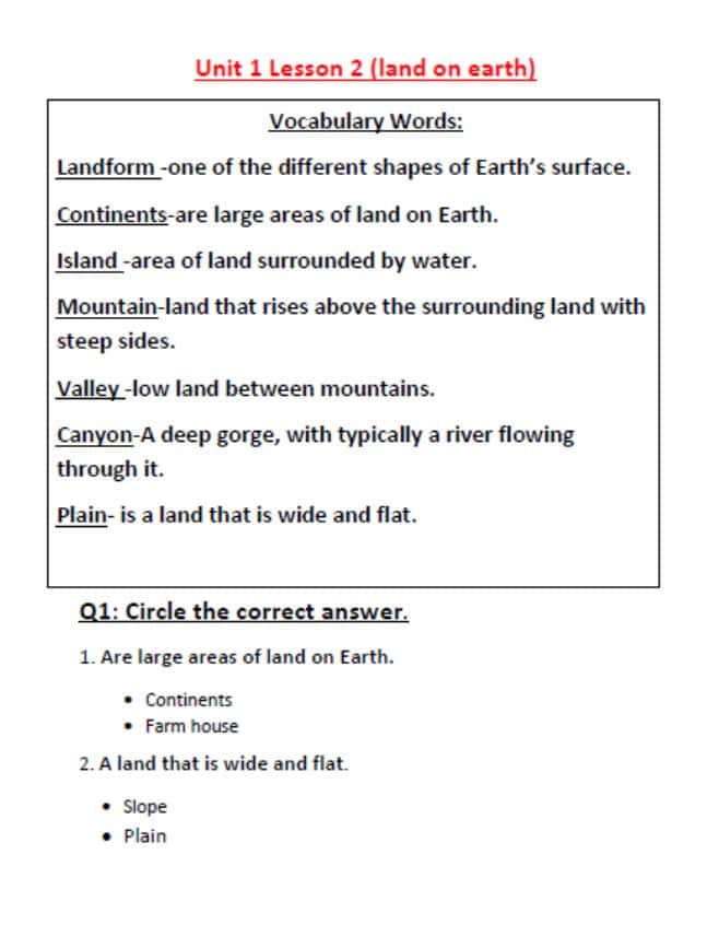 ورقة عمل land on earth العلوم المتكاملة الصف الثاني