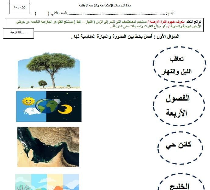 الاختبار القصير الأول الدراسات الإجتماعية والتربية الوطنية الصف الثاني