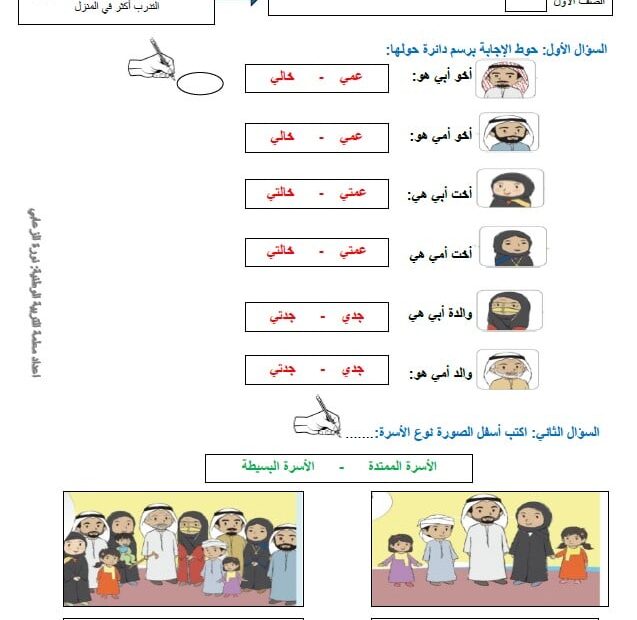 ورقة عمل أقاربي وجيراني الدراسات الإجتماعية والتربية الوطنية الصف الأول