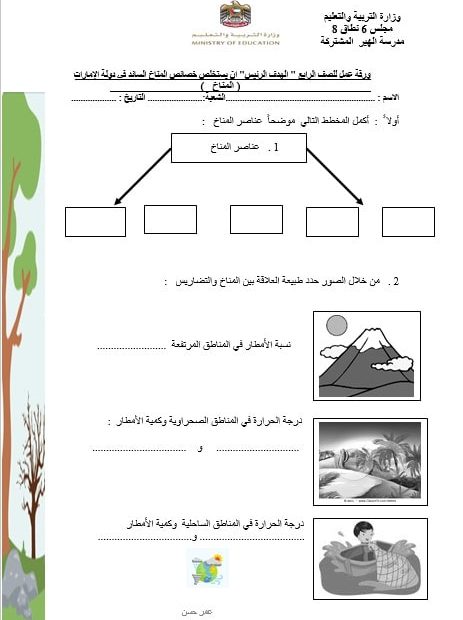 ورقة عمل درس المناخ الدراسات الإجتماعية والتربية الوطنية الصف الرابع