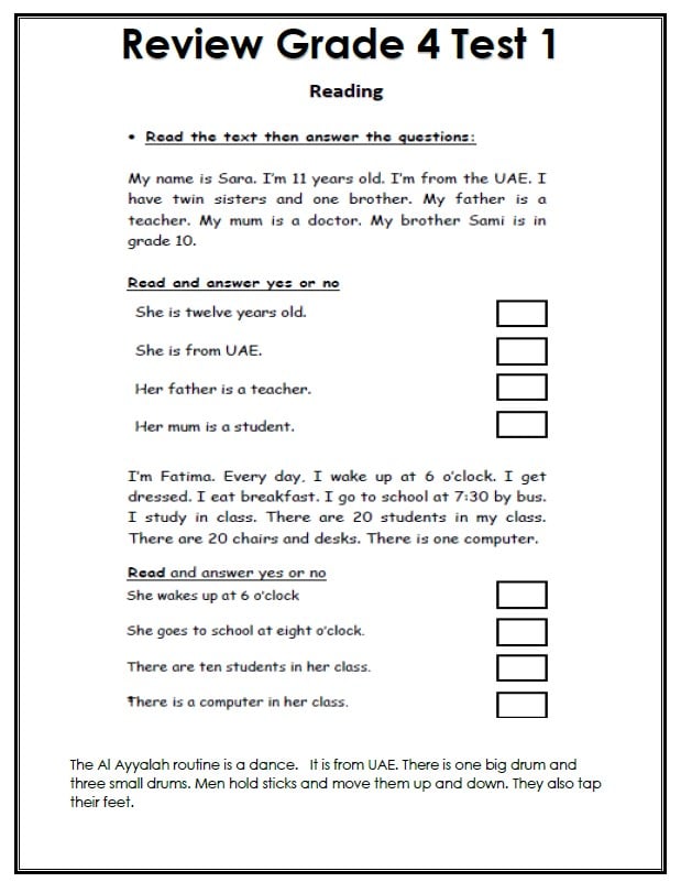 أوراق عمل Review Test 1 اللغة الإنجليزية الصف الرابع 