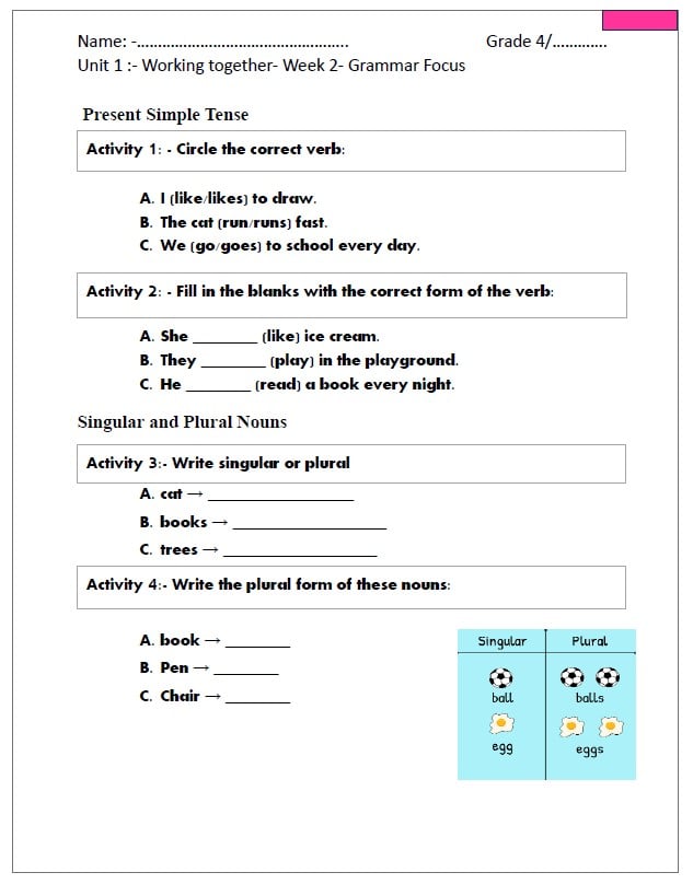 حل مراجعة Grammar Focus اللغة الإنجليزية الصف الرابع