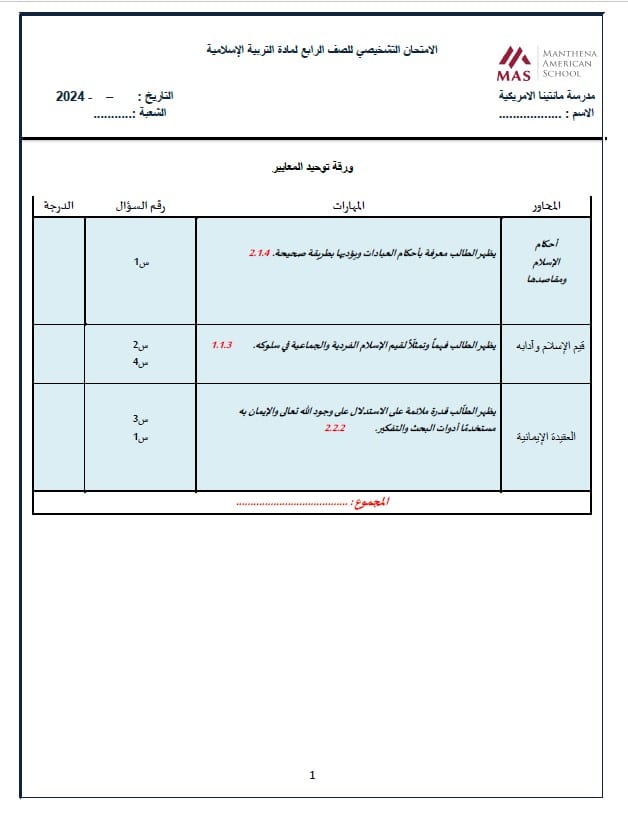 الامتحان التشخيصي التربية الإسلامية الصف الرابع