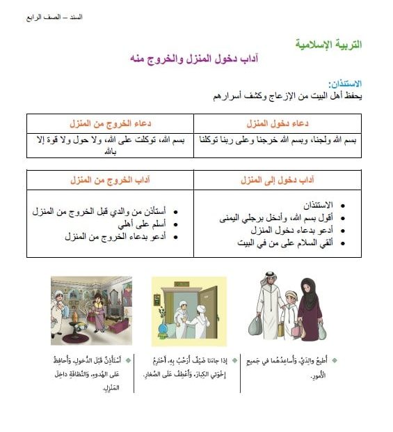 ورقة عمل آداب الدخول والخروج من المنزل التربية الإسلامية الصف الرابع