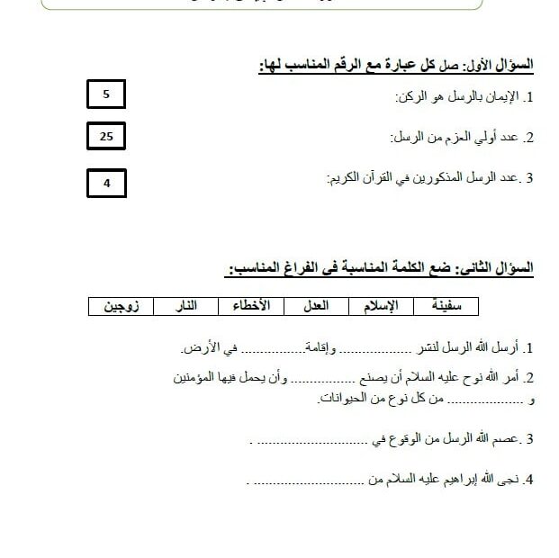 حل ورقة عمل الإيمان بالرسل التربية الإسلامية الصف الثاني