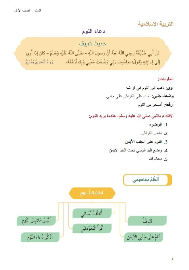 ملخص وأوراق عمل دعاء النوم التربية الإسلامية الصف الأول 