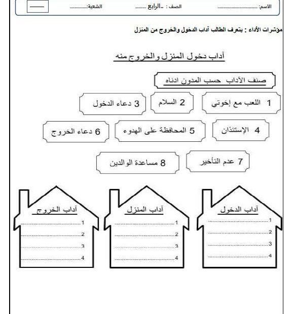 أوراق عمل آداب الدخول والخروج من المنزل وسورة البروج وأحكام التجويد التربية الإسلامية الصف الرابع