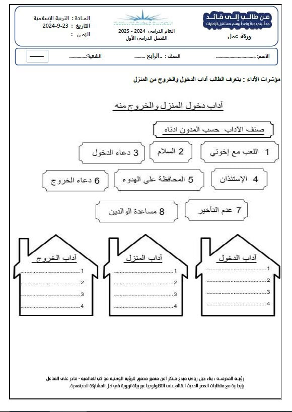 أوراق عمل آداب الدخول والخروج من المنزل وسورة البروج وأحكام التجويد التربية الإسلامية الصف الرابع