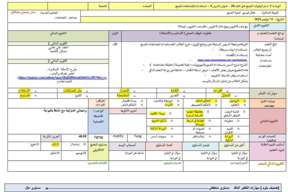 الخطة الدرسية اليومية استخدام المضاعفات للجمع الرياضيات المتكاملة الصف الأول