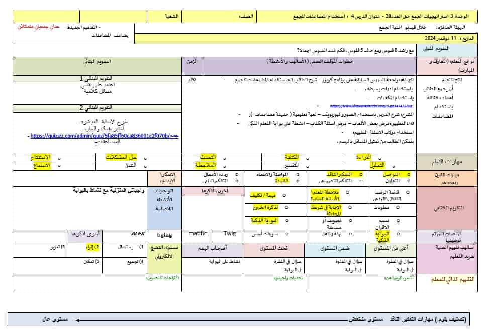 الخطة الدرسية اليومية استخدام المضاعفات للجمع الرياضيات المتكاملة الصف الأول