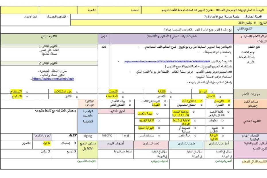 الخطة الدرسية اليومية استخدام خط الأعداد للجمع الرياضيات المتكاملة الصف الأول