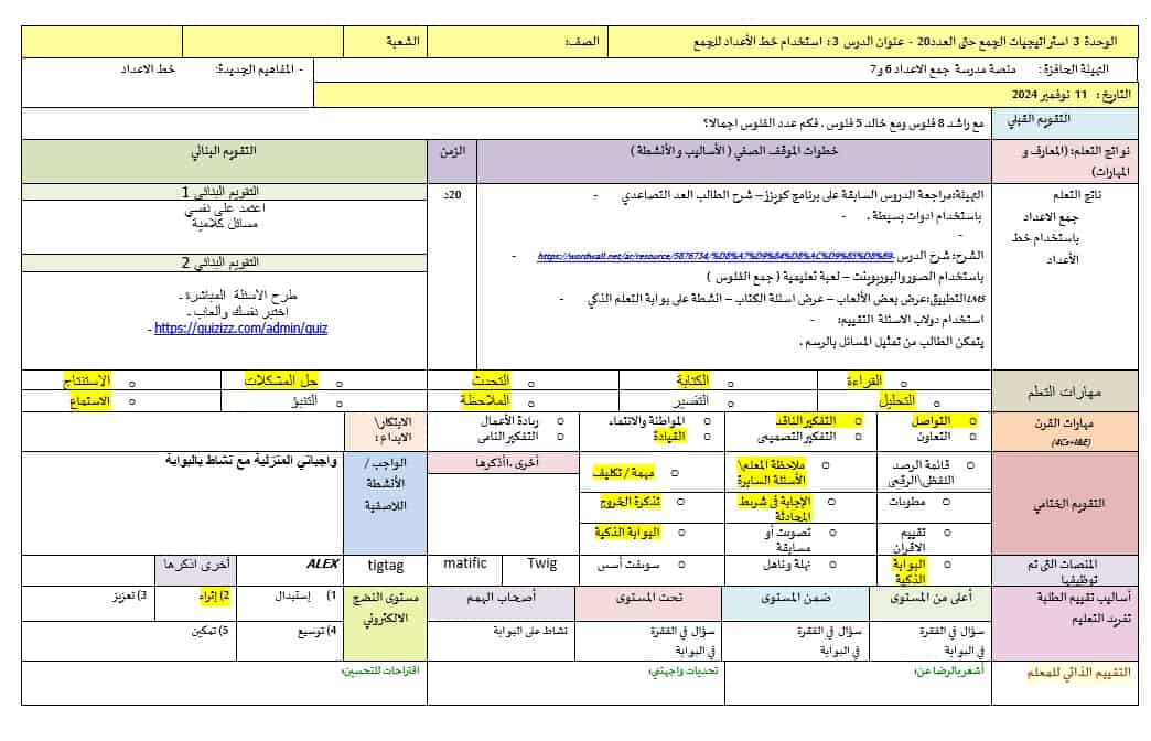 الخطة الدرسية اليومية استخدام خط الأعداد للجمع الرياضيات المتكاملة الصف الأول