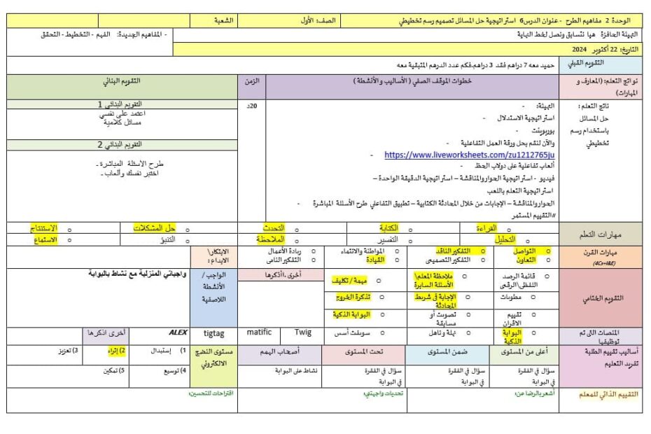 الخطة الدرسية اليومية استراتيجية حل المسائل تصميم رسم تخطيطي الرياضيات المتكاملة الصف الأول