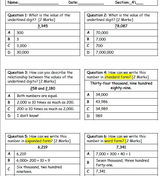 ورقة عمل Assessment 1 الرياضيات المتكاملة الصف الرابع