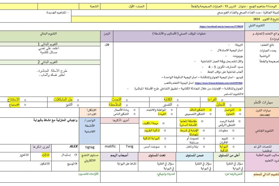 الخطة الدرسية اليومية الجمع الرأسي الرياضيات المتكاملة الصف الأول