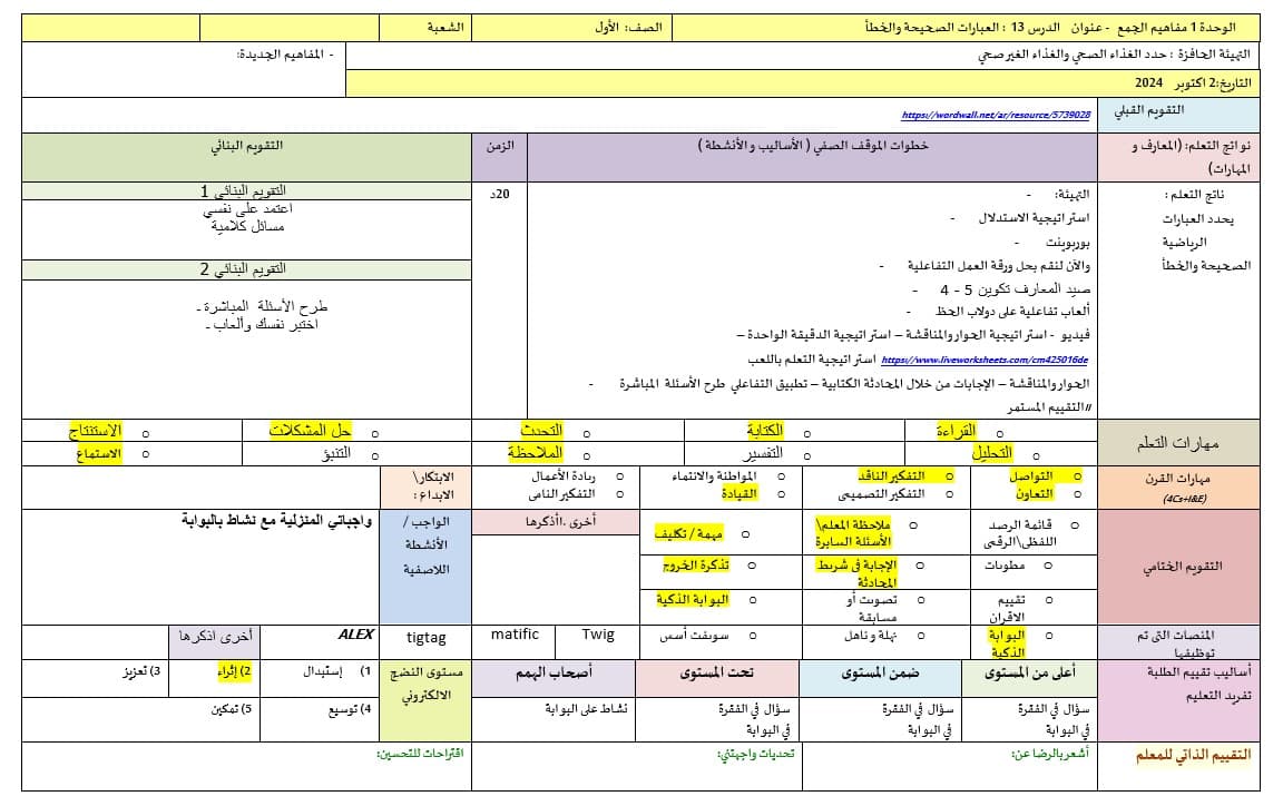 الخطة الدرسية اليومية الجمع الرأسي الرياضيات المتكاملة الصف الأول