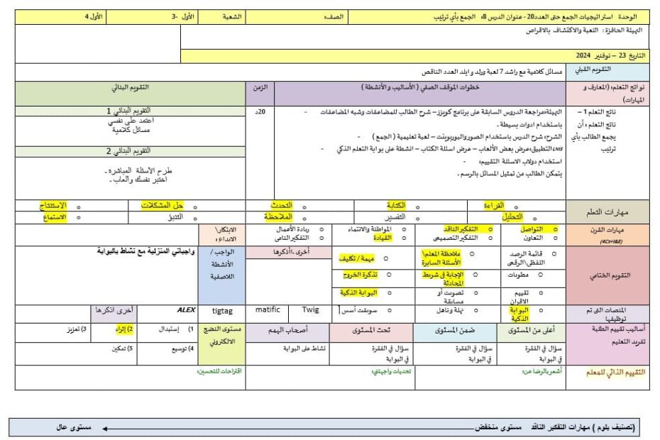 الخطة الدرسية اليومية الجمع بأي ترتيب الرياضيات المتكاملة الصف الأول