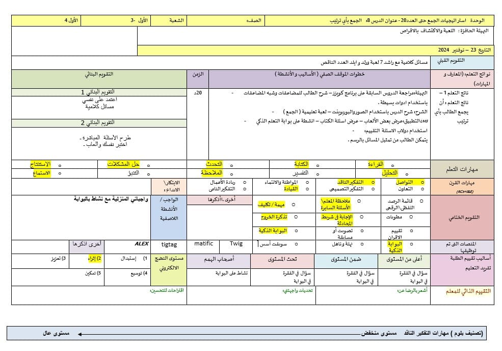 الخطة الدرسية اليومية الجمع بأي ترتيب الرياضيات المتكاملة الصف الأول