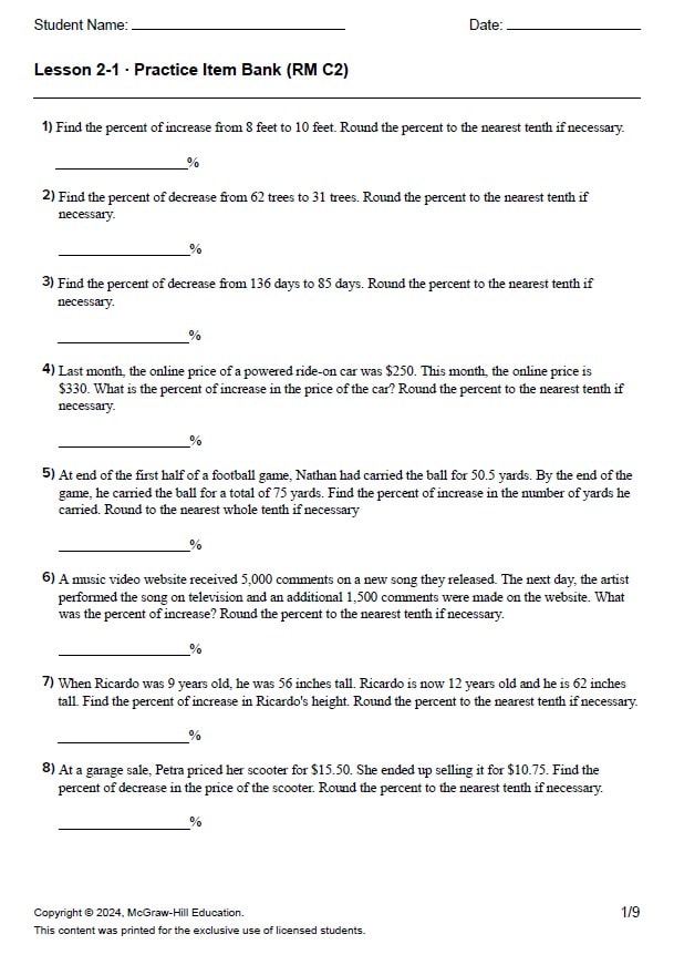 حل أوراق عمل Lesson 2-1 Practice Item Bank الرياضيات المتكاملة الصف السابع ريفيل