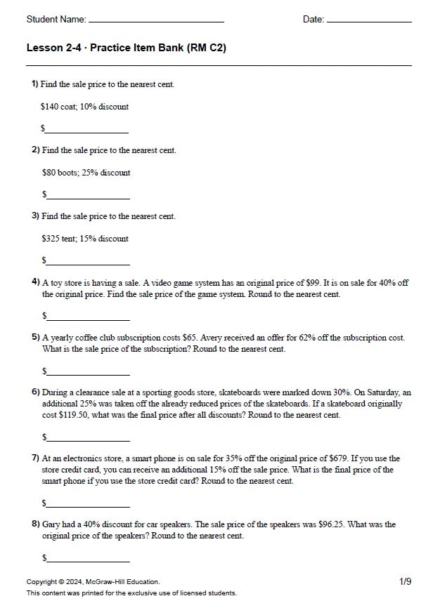 حل أوراق عمل Lesson 2-4 Practice Item Bank الرياضيات المتكاملة الصف السابع ريفيل