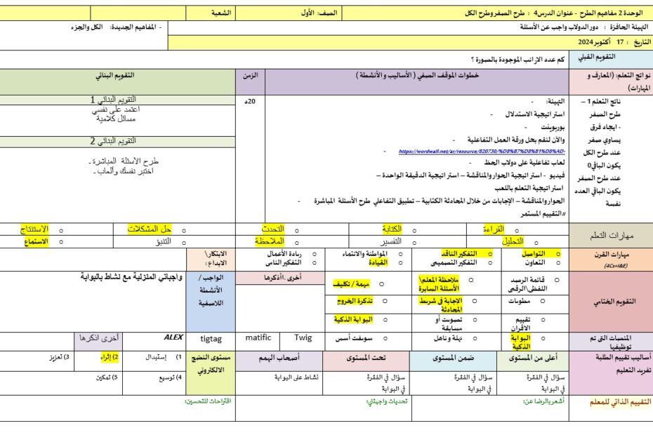 الخطة الدرسية اليومية طرح الصفر وطرح الكل الرياضيات المتكاملة الصف الأول