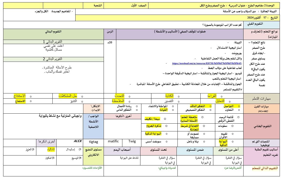 الخطة الدرسية اليومية طرح الصفر وطرح الكل الرياضيات المتكاملة الصف الأول