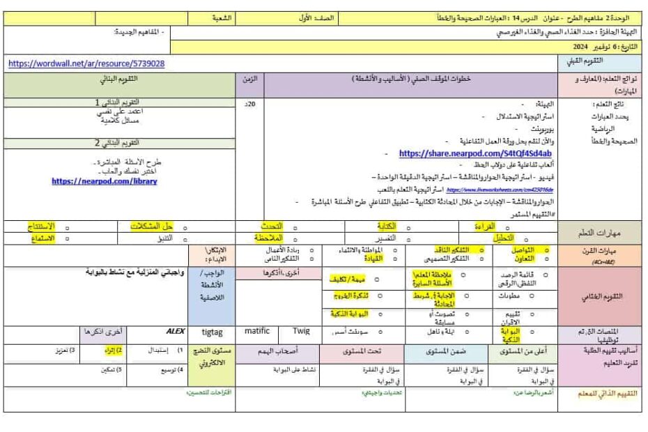 الخطة الدرسية اليومية العبارات الصحيحة والخطأ الرياضيات المتكاملة الصف الأول