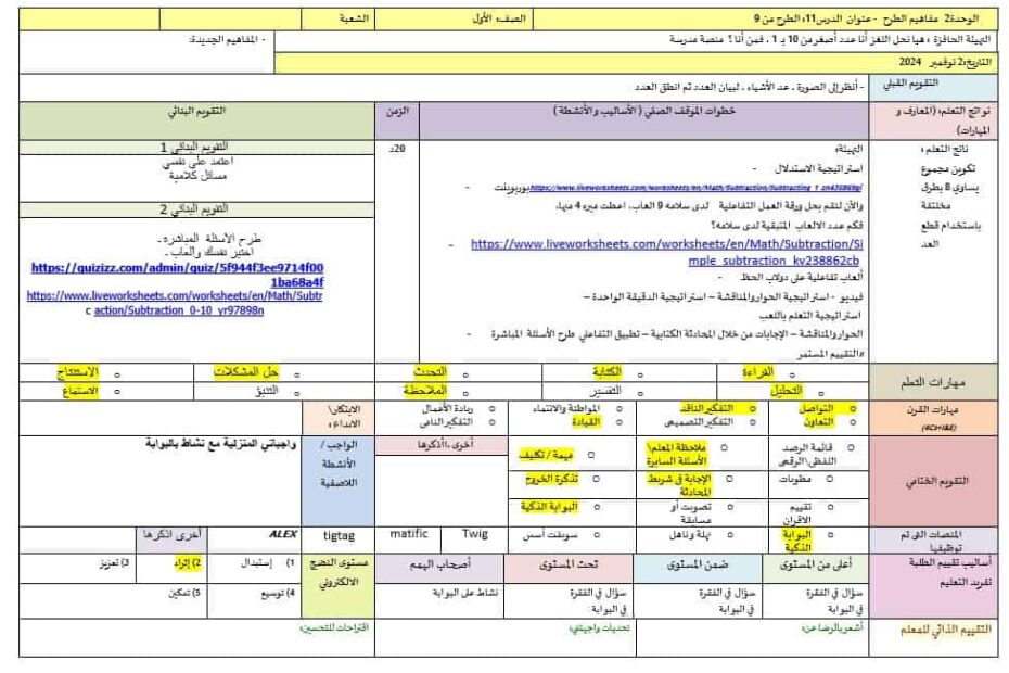 الخطة الدرسية اليومية الطرح من 9 الرياضيات المتكاملة الصف الأول