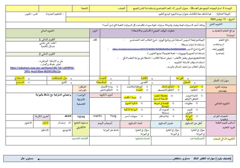 الخطة الدرسية اليومية العد التصاعدي باستخدام 1 فلس للجمع الرياضيات المتكاملة الصف الأول