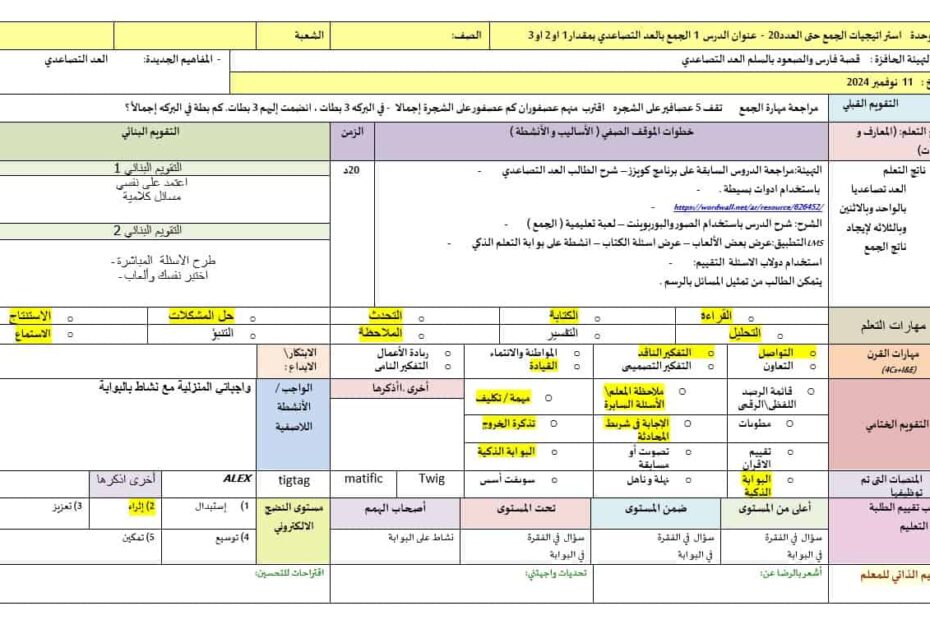 الخطة الدرسية اليومية الجمع بالعد التصاعدي بمقدار 1 أو 2 أو 3 الرياضيات المتكاملة الصف الأول