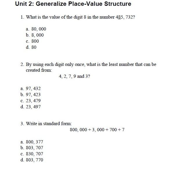 أوراق عمل unit 2 Generalize Place-Value Structure الرياضيات المتكاملة الصف الرابع