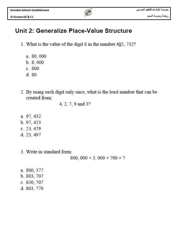 أوراق عمل unit 2 Generalize Place-Value Structure الرياضيات المتكاملة الصف الرابع