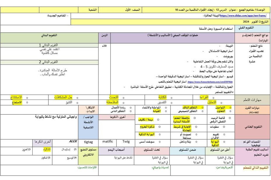 الخطة الدرسية اليومية إيجاد الأجزاء الناقصة من العدد 10 الرياضيات المتكاملة الصف الأول