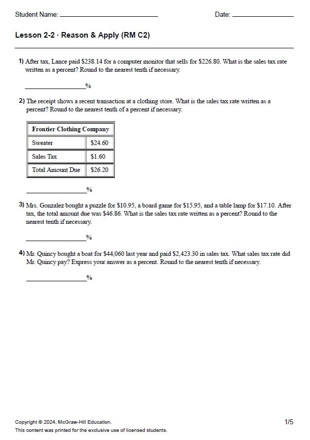 حل أوراق عمل Lesson 2-2 Reason & Apply الرياضيات المتكاملة الصف السابع ريفيل