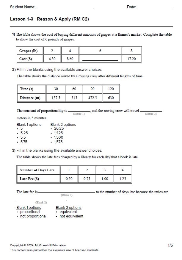 حل أوراق عمل Lesson 1-3 Reason & Apply الرياضيات المتكاملة الصف السابع ريفيل