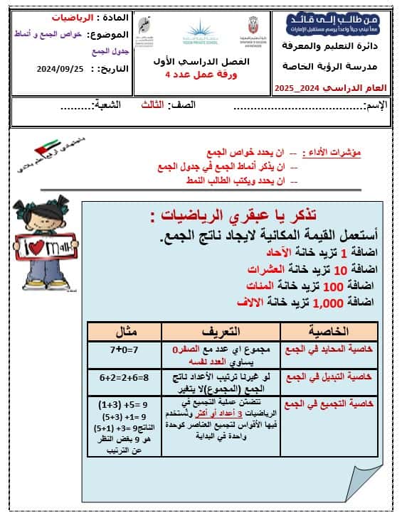 ورقة عمل خواص الجمع وأنماط جدول الجمع الرياضيات المتكاملة الصف الثالث