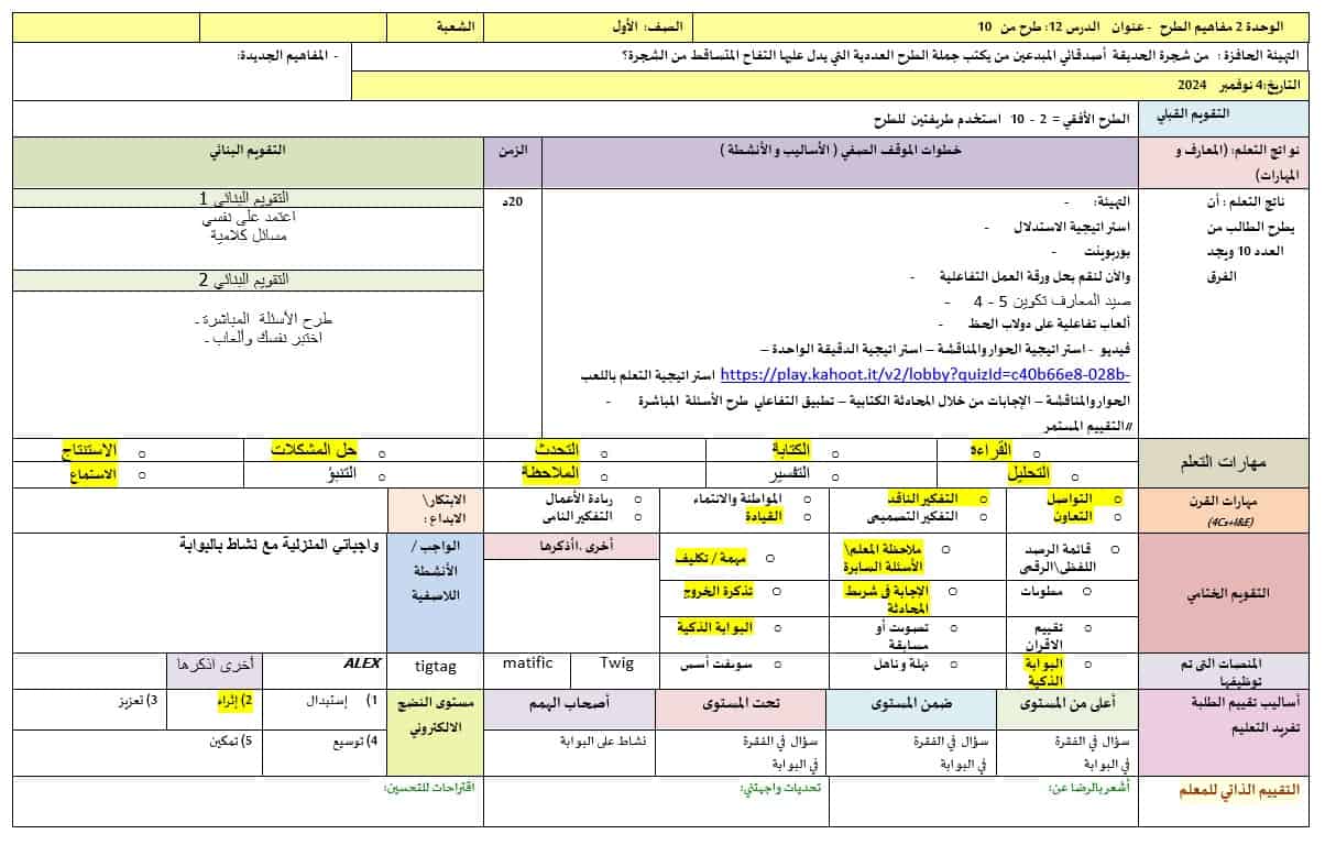 الخطة الدرسية اليومية طرح من 10 الرياضيات المتكاملة الصف الأول