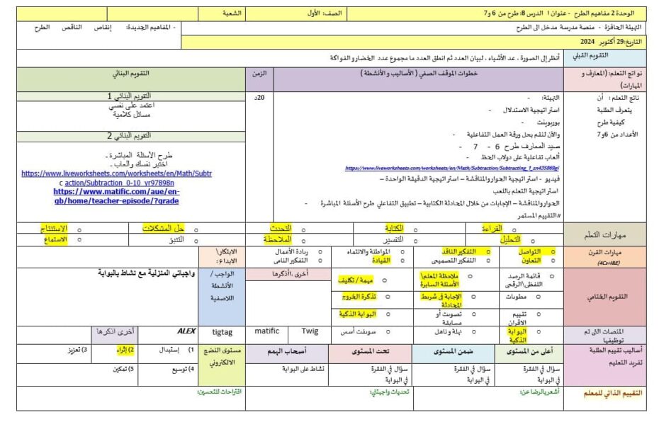 الخطة الدرسية اليومية طرح من 6 و7 الرياضيات المتكاملة الصف الأول