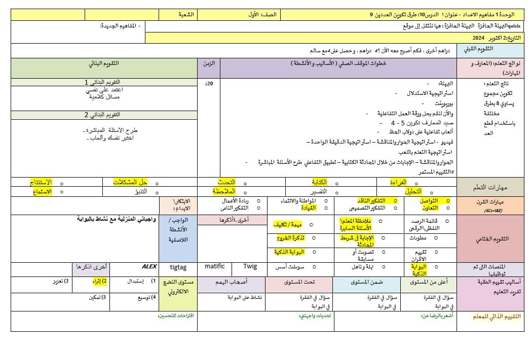 الخطة الدرسية اليومية طرق تكوين العدد 9 الرياضيات المتكاملة الصف الأول