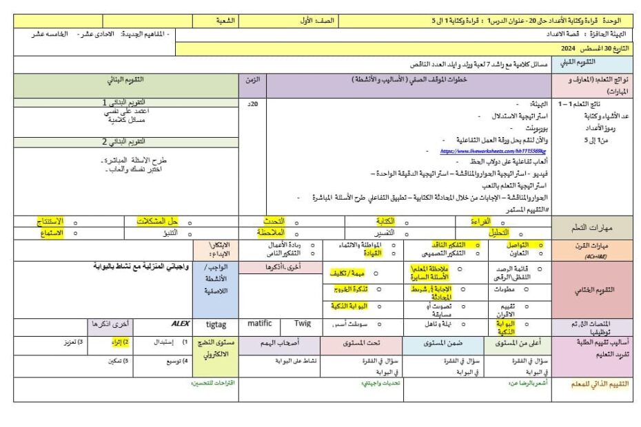 الخطة الدرسية اليومية قراءة وكتابة 1 إلى 5 الرياضيات المتكاملة الصف الأول