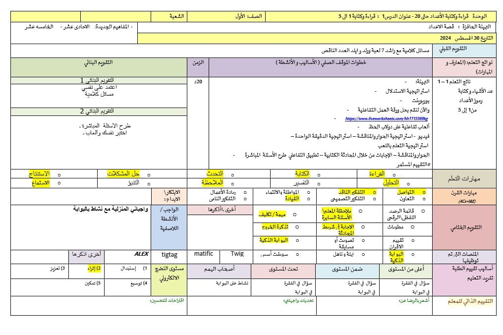 الخطة الدرسية اليومية قراءة وكتابة 1 إلى 5 الرياضيات المتكاملة الصف الأول