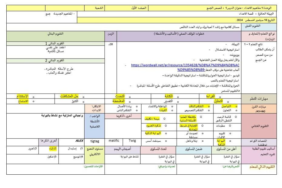 الخطة الدرسية اليومية قصص الجمع الرياضيات المتكاملة الصف الأول