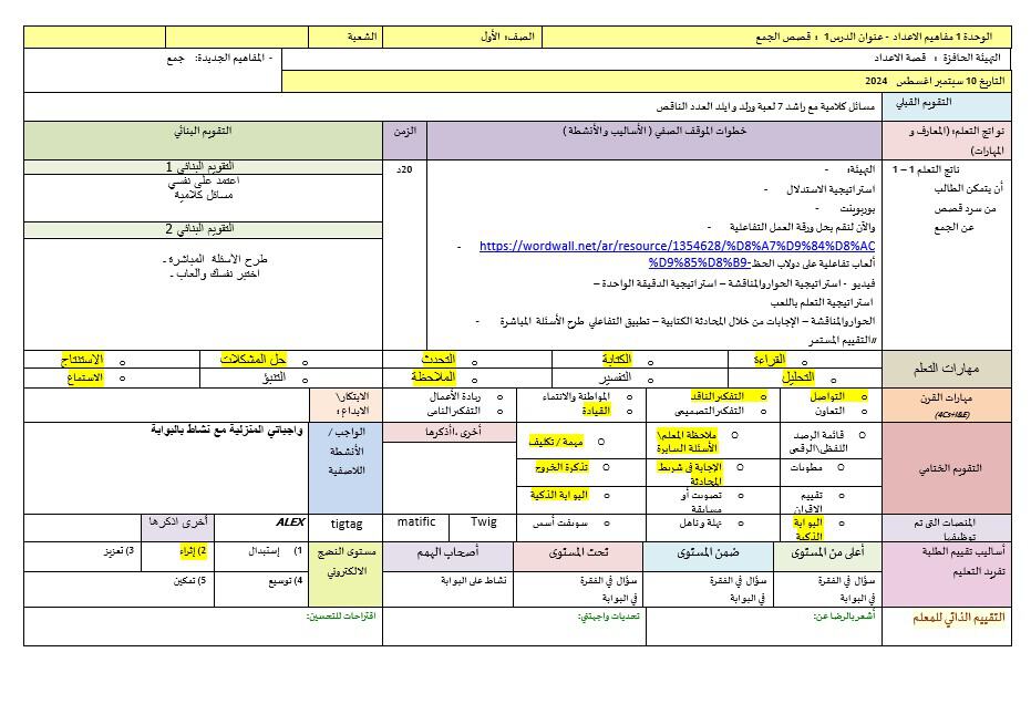 الخطة الدرسية اليومية قصص الجمع الرياضيات المتكاملة الصف الأول