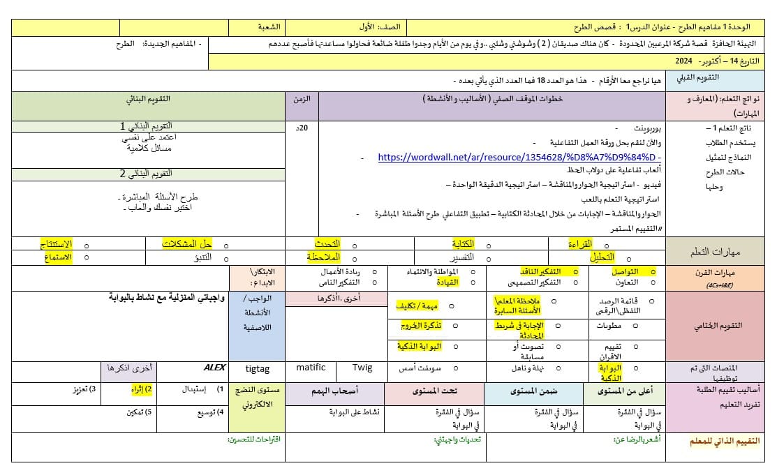 الخطة الدرسية اليومية قصص الطرح الرياضيات المتكاملة الصف الأول