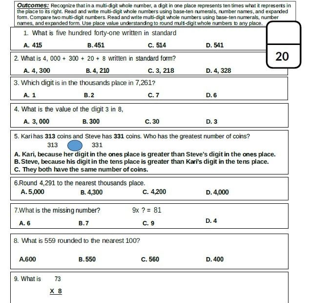 ورقة عمل REVIEW Performance task 1 الرياضيات المتكاملة الصف الرابع