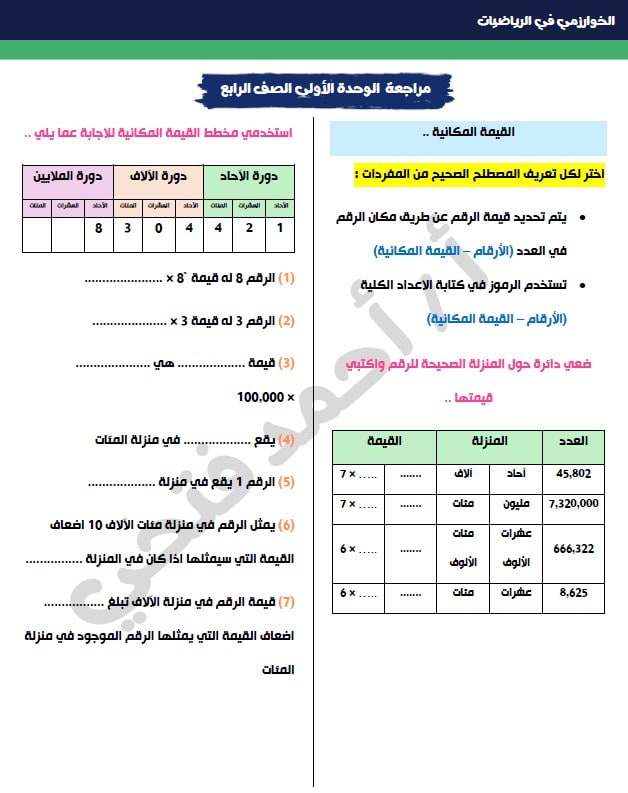 أوراق عمل مراجعة الوحدة الأولى الرياضيات المتكاملة الصف الرابع