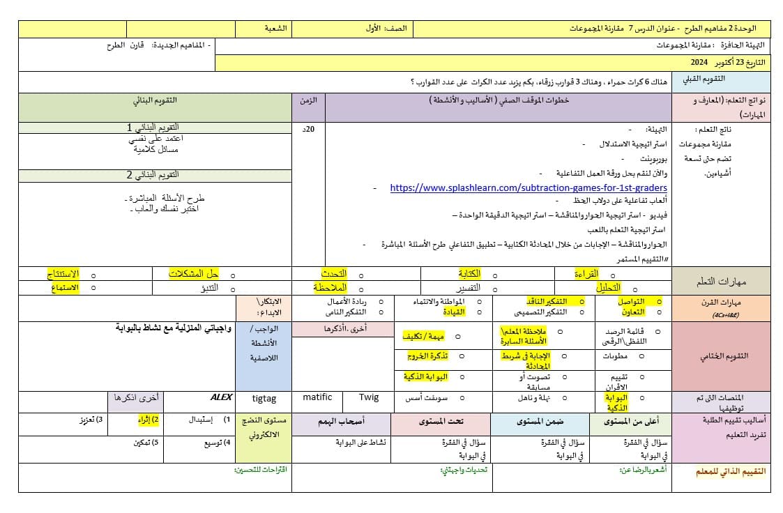 الخطة الدرسية اليومية مقارنة المجموعات الرياضيات المتكاملة الصف الأول